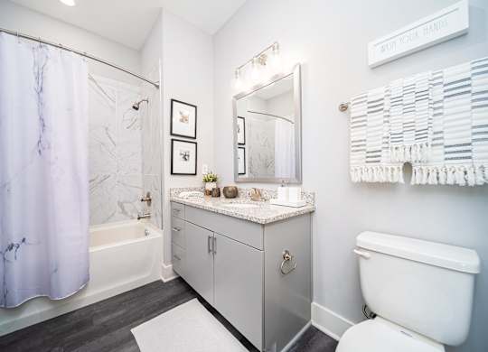 a bathroom with a shower and a toilet and a sink