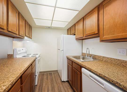 our apartments have a kitchen with granite counter tops and white appliances
