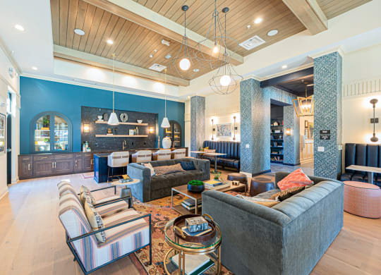 a clubhouse with blue walls and furniture