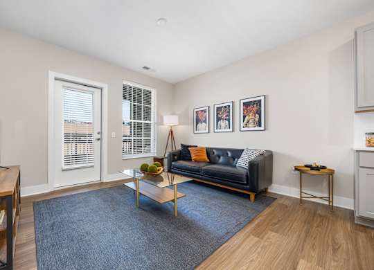 A living room with a black couch, a coffee table, and a TV.