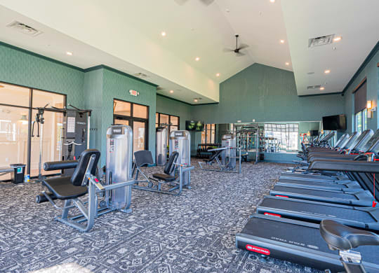 a gym with cardio equipment and weights on the floor