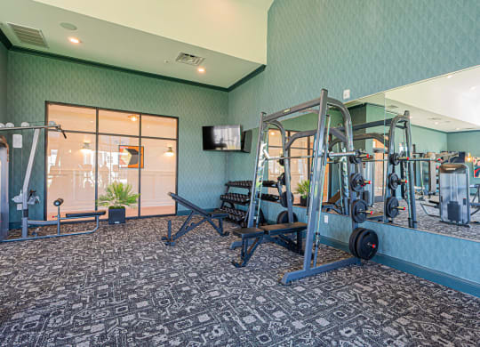 a gym with weights and cardio equipment in a room with glass doors