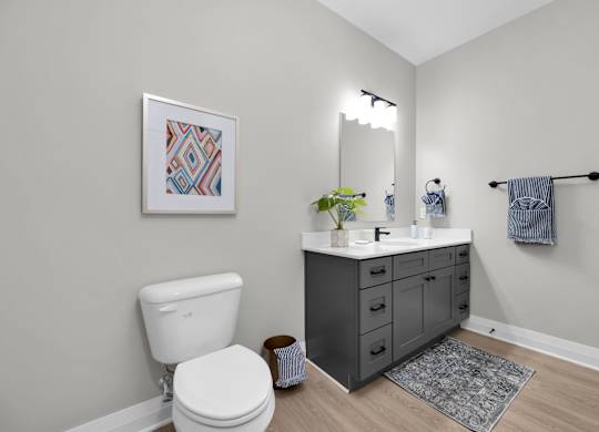 A bathroom with a white toilet and a framed picture on the wall.