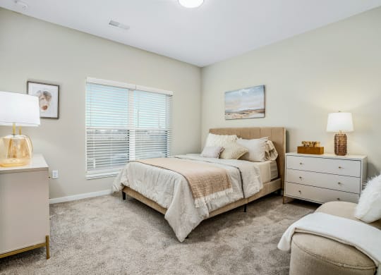 a bedroom with a bed and a dresser and a window