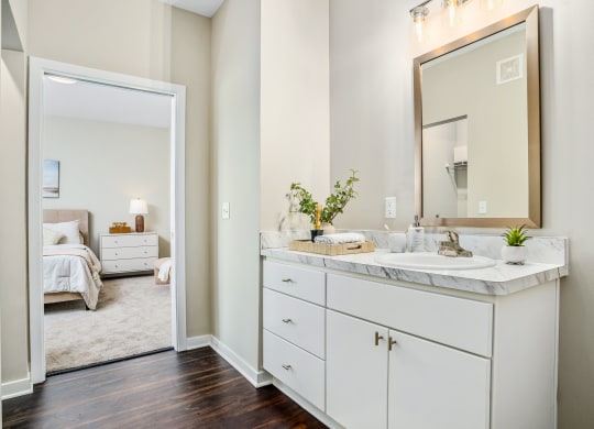 a bathroom with a large mirror and a sink