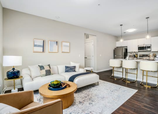 a living room with a couch and a table