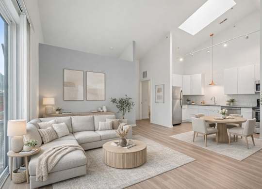 A modern living room with a large grey sofa and a wooden coffee table.