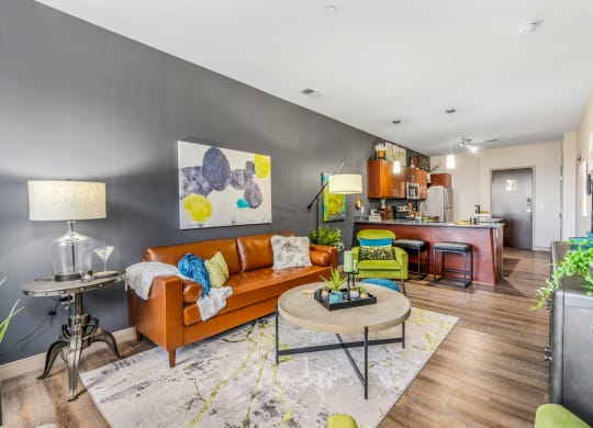 a living room with a couch and a table
