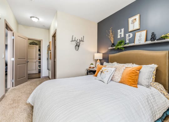 a bedroom with a large bed and a blue accent wall