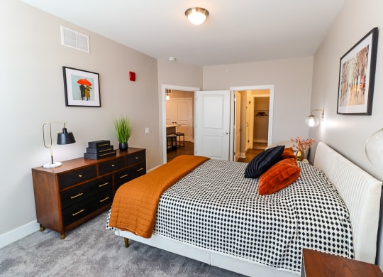 a bedroom with a bed and dresser