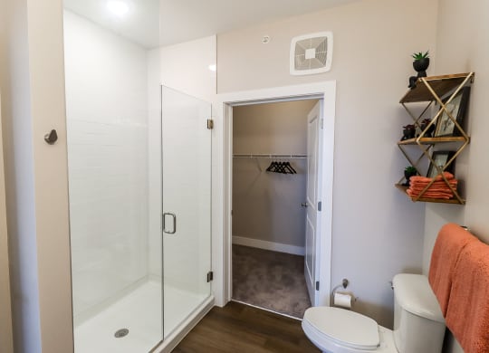 a bathroom with a shower and a toilet