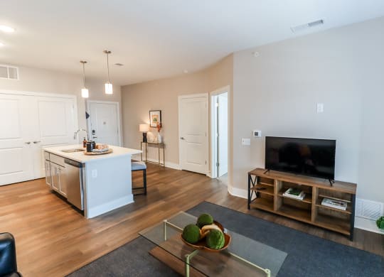 a living room with a tv and a kitchen in the background