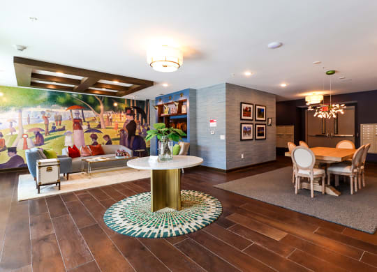 a resident clubhouse with a large mural on the wall