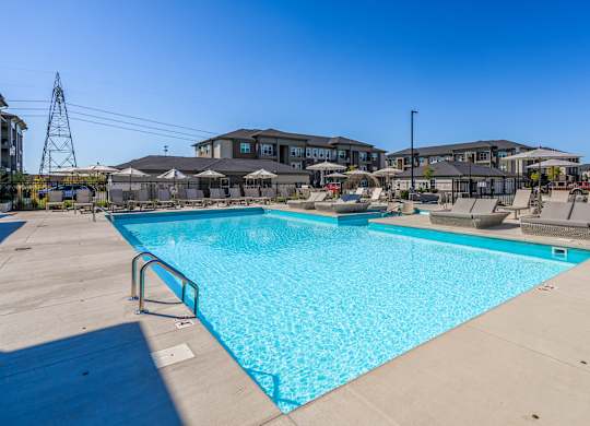 A large swimming pool in a sunny outdoor setting.