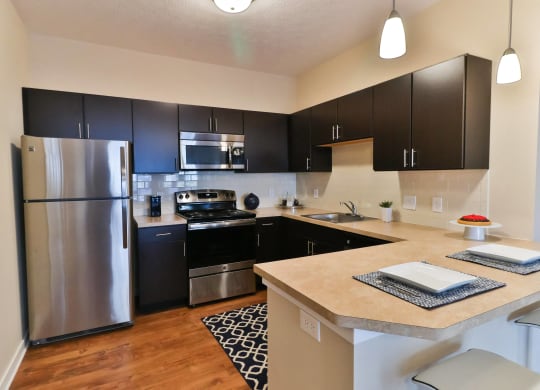 a kitchen with stainless steel appliances and black cabinets