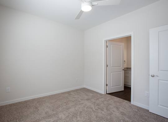 A room with a carpeted floor and a ceiling fan.