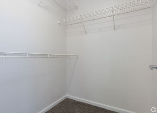A white closet with a carpeted floor and a white door.