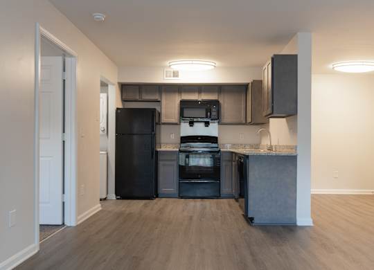 A kitchen with a black fridge, black oven, and black microwave.