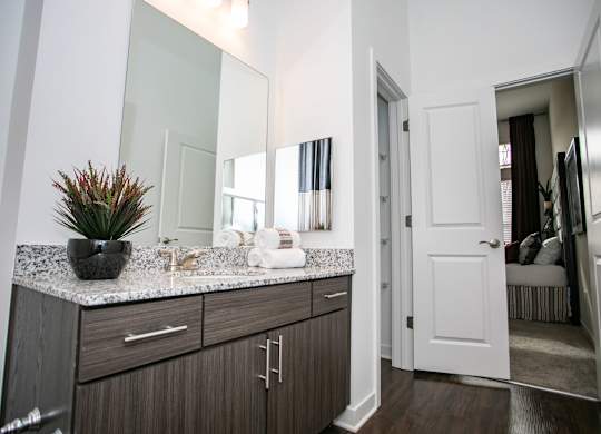 A bathroom with a vanity and a mirror.