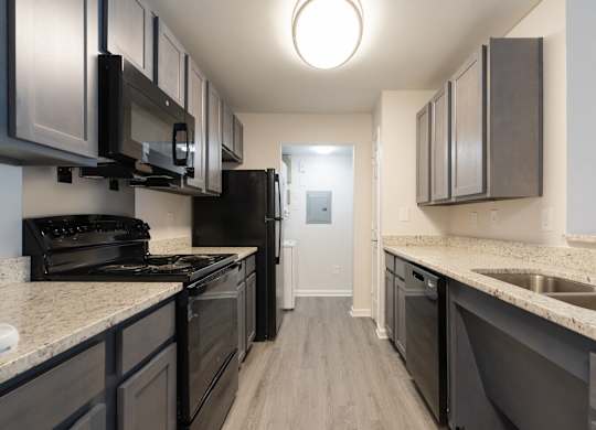 A kitchen with black appliances and cabinets.
