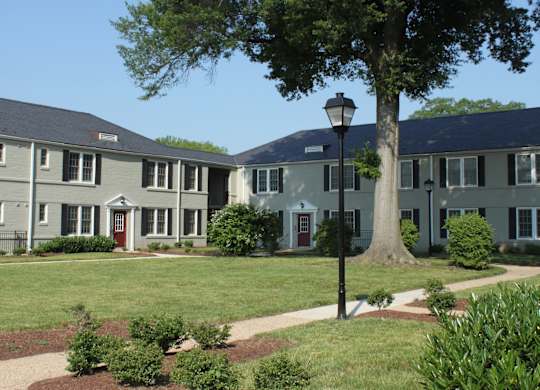 a group of houses in a neighborhood with a street light