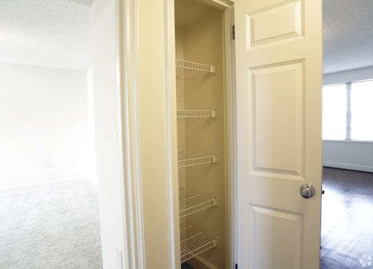 an empty closet in a home with a door open