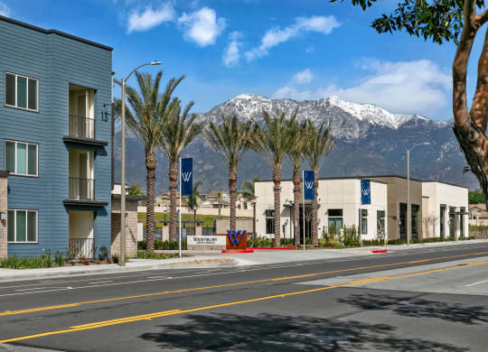 a city street with buildings and palm trees and mountains in the backgroundat Westbury Apartments, California, 91739