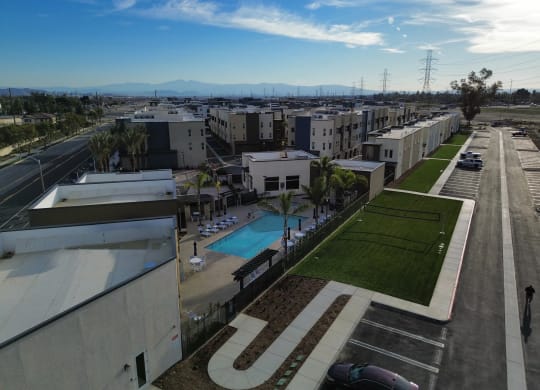 a view of the pool from the roof of a buildingat Westbury Apartments, Rancho Cucamonga, CA, 91739