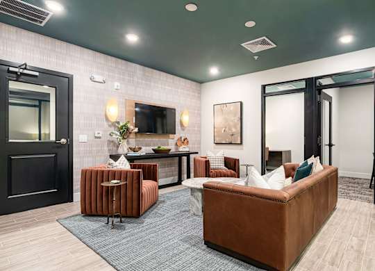 A modern living room with a brown sofa and a grey rug.