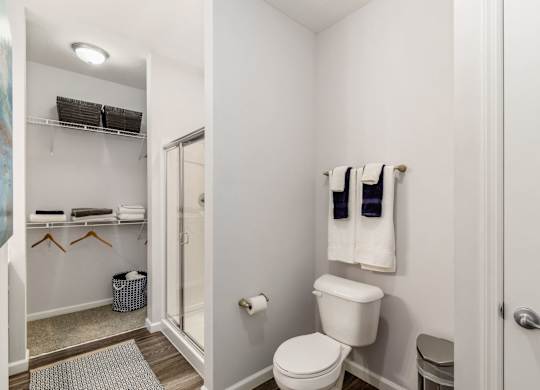 A white bathroom with a toilet, towel rack, and a mirror.