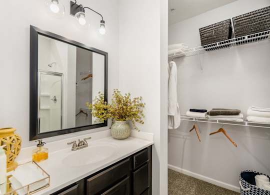 A bathroom with a white sink and a mirror above it.