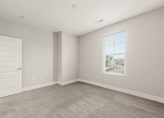 A room with a white door and a window with blinds.