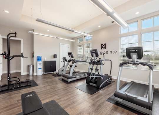 A gym with treadmills, elliptical machines, and a weight machine.