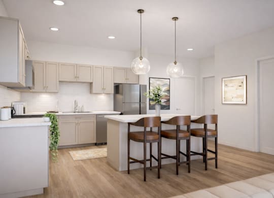 A kitchen with a bar area and a dining table.
