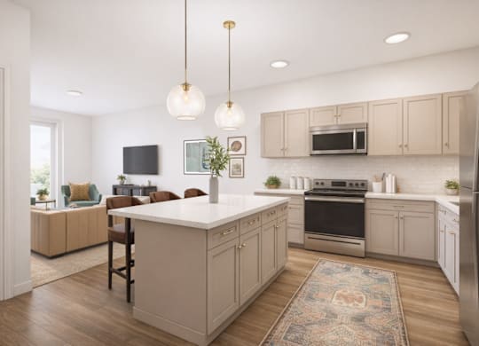 A kitchen with a white island and wooden floors.