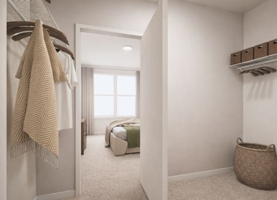 A bedroom with a bed, a window, and a basket on the floor.