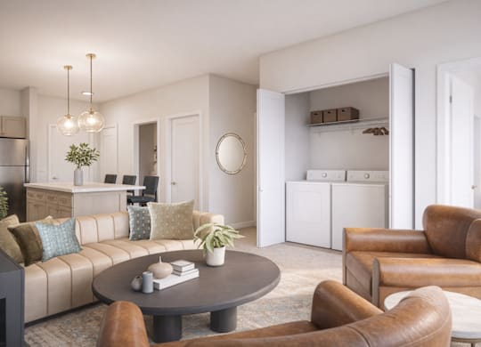 A living room with a brown leather chair and a round table.