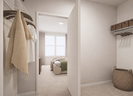 A bedroom with a bed, a window, and a basket on the floor.