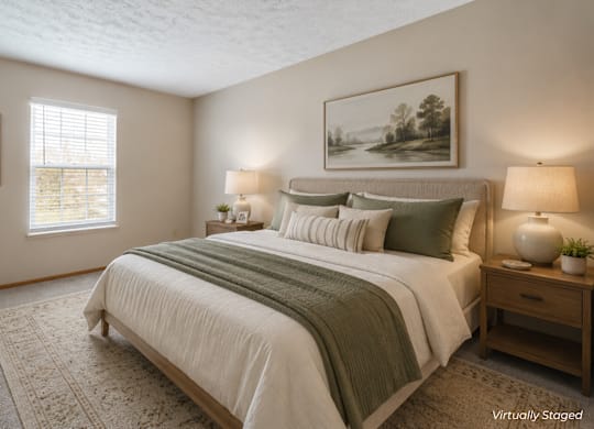 A bedroom with a large bed and a painting on the wall.