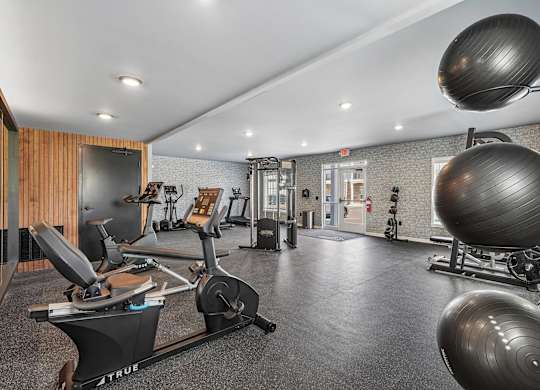 A gym with a variety of equipment including a rowing machine.