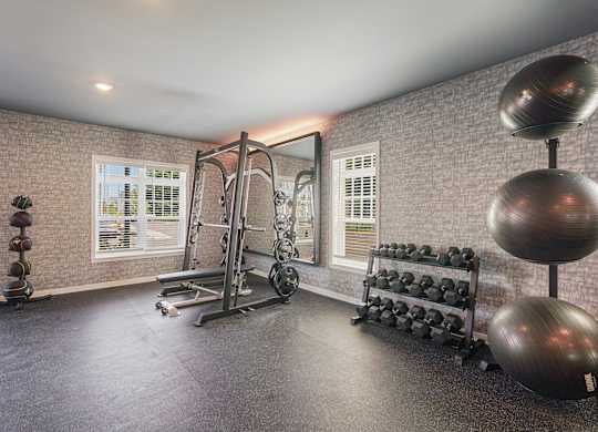 A home gym with a variety of equipment including a weight bench, dumbbells, and a mirror.