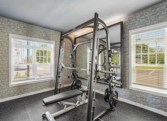 A home gym with a squat rack and weights.