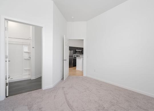A room with a carpeted floor and a doorway leading to another room.