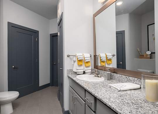 A bathroom with a toilet, sink, and mirror.