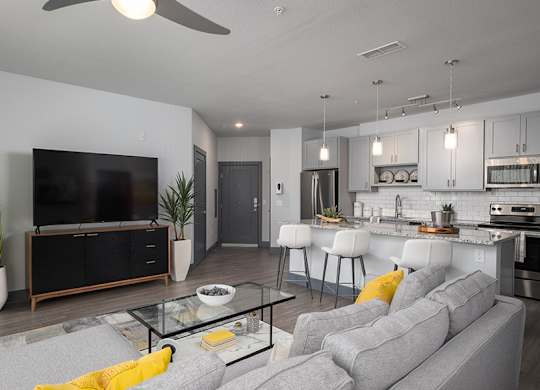 A modern living room with a grey sofa and a black television.