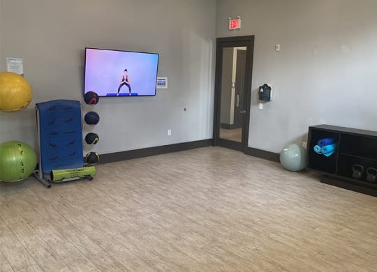 a room with a tv and exercise equipment