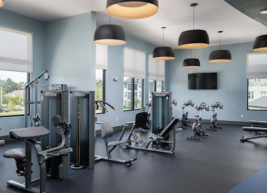 A gym with a variety of equipment including weights and cardio machines.