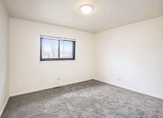 A room with a carpeted floor and a window.