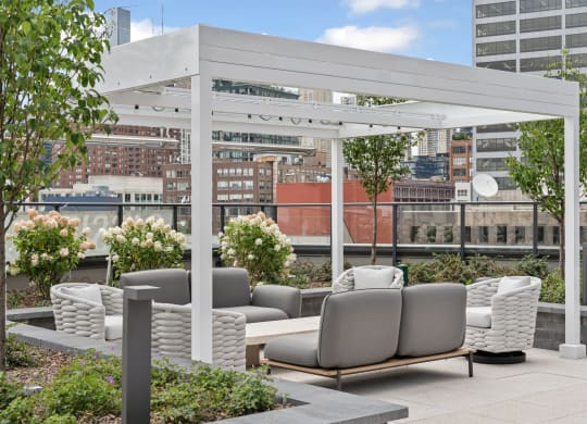 a roof top lounge area with couches and chairs and a view of the city at Cassidy on Canal, Chicago, IL, 60654
