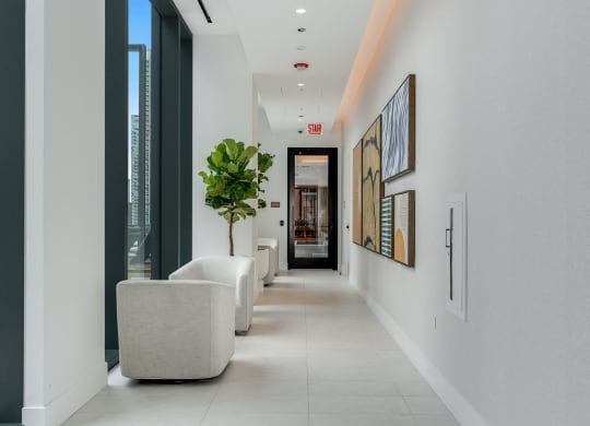 a long hallway with white walls and white chairs and a plant  at Cassidy on Canal, Chicago, Illinois